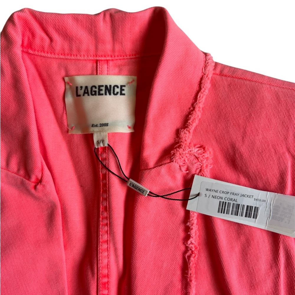 NWT L’Agence Wayne Crop Fray Jacket, in Neon Coral - Picture 6 of 8